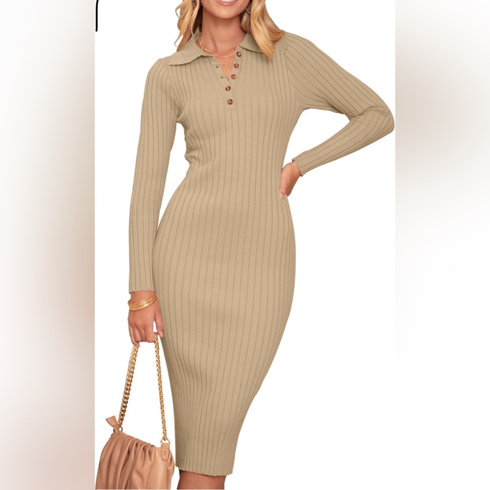 MEROKEETY V Neck Ribbed Sweater Dress Long Sleeve Bodycon (*size XS*)